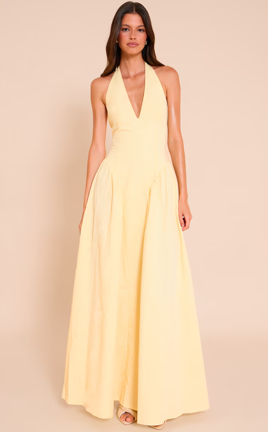 Bella Lemon Woven Halterneck Plunge Midaxi Dress