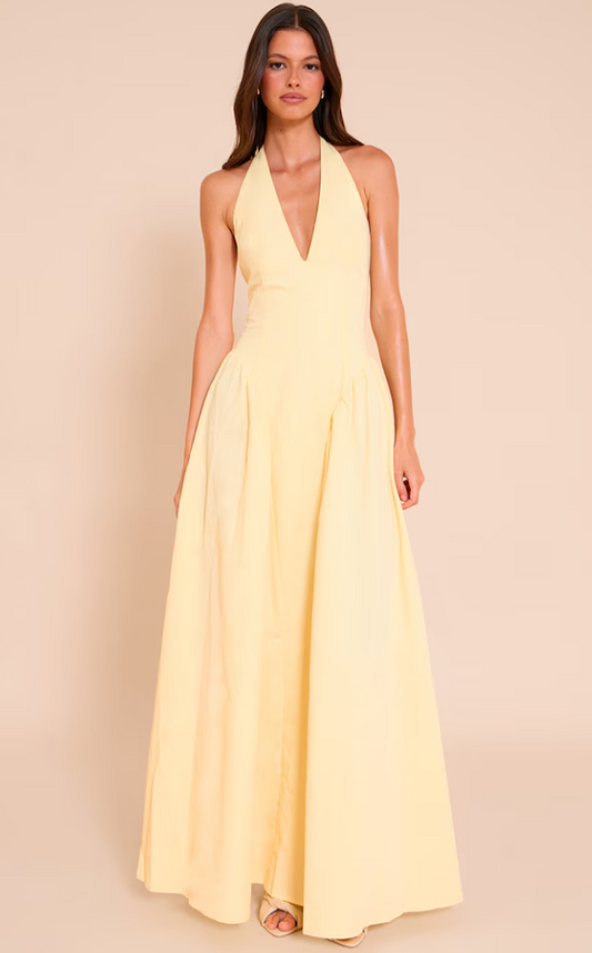 Bella Lemon Woven Halterneck Plunge Midaxi Dress