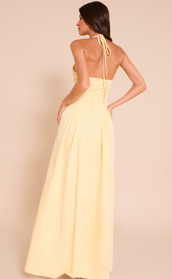 Bella Lemon Woven Halterneck Plunge Midaxi Dress
