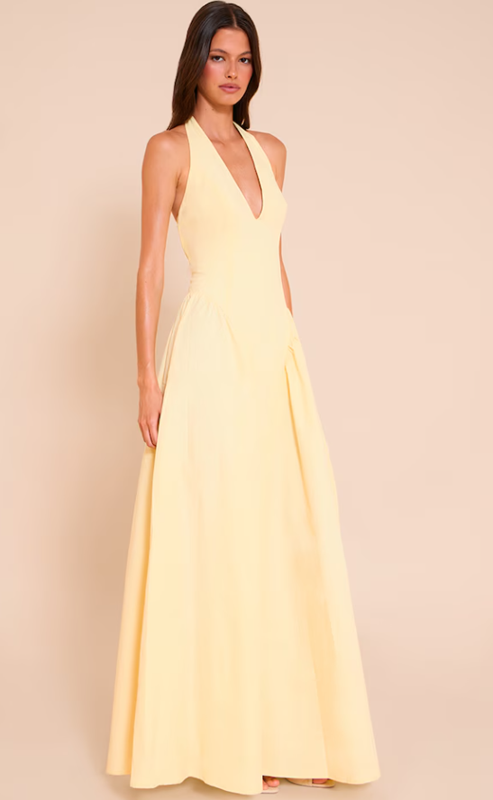 Bella Lemon Woven Halterneck Plunge Midaxi Dress