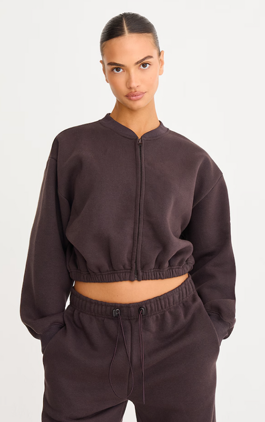 Bella Dark Chocolate Drawcord Waist Cropped Zip Up Sweatshirt