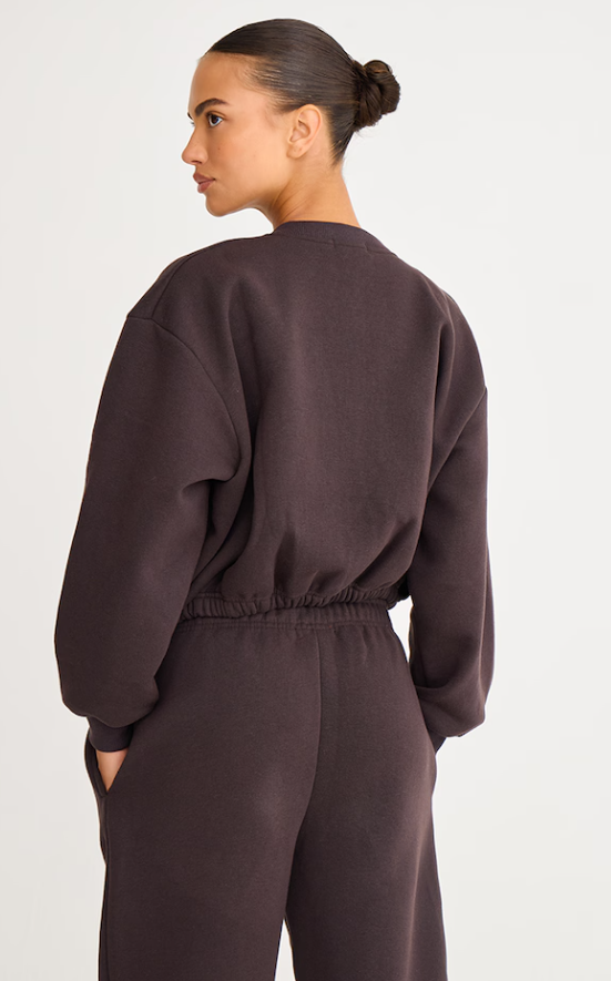 Bella Dark Chocolate Drawcord Waist Cropped Zip Up Sweatshirt
