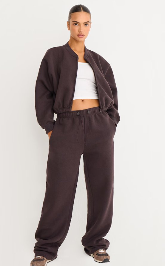 Bella Dark Chocolate Drawcord Waist Cropped Zip Up Sweatshirt