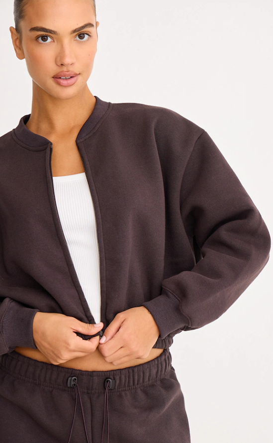 Bella Dark Chocolate Drawcord Waist Cropped Zip Up Sweatshirt